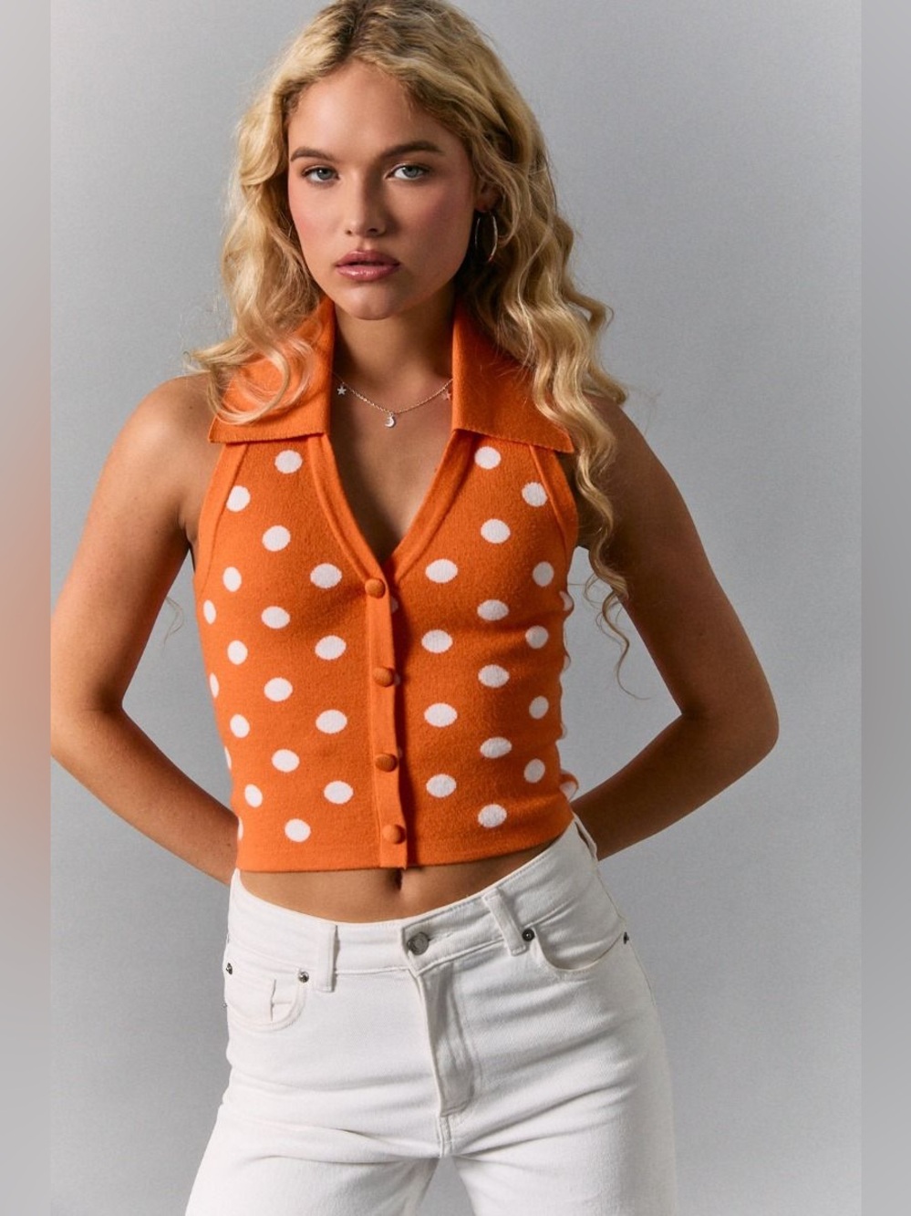 Polka Dot Collared Halter Neck Knit Top - Le Lis